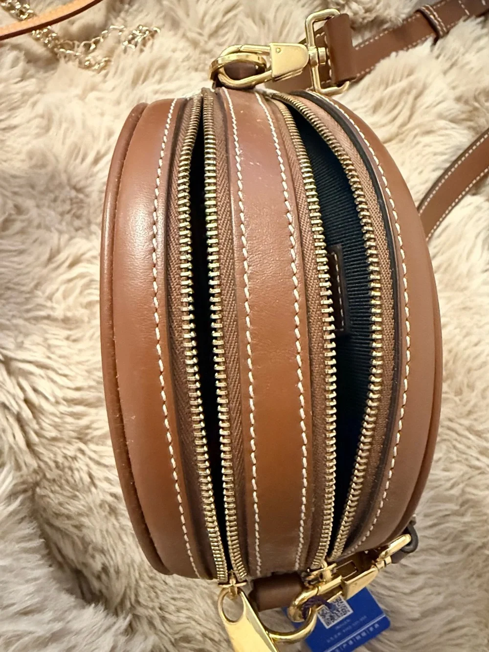 Burberry Cream Canvas Round Crossbody with Brown Leather Trim